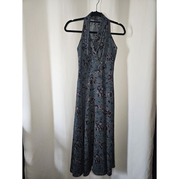 Vintage High Neck Sleeveless Dress Sheer Floral Maxi Blue Empire Waist XS 0/2 - Picture 6 of 8